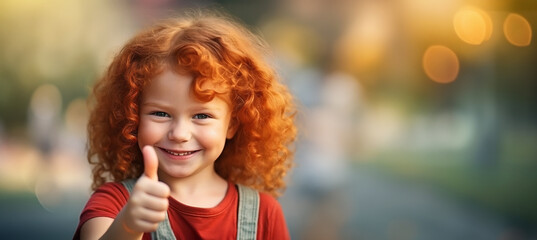 Banner with cute red hair curly little girl showing thumbs up sign. Positivity, approval, success and support concept.