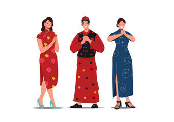 Obraz premium People Dressed in Traditional Chinese Costumes Perform Fist and Palm Salute Gestures to Wish a Happy Chinese New Year