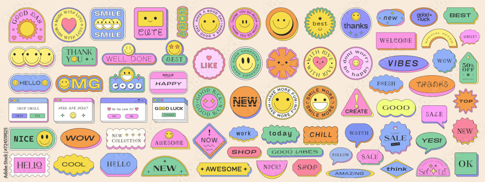 Poster cool y2k stickers pack vector design. pop art graphic elements. smile retro vaporwave patches geomet