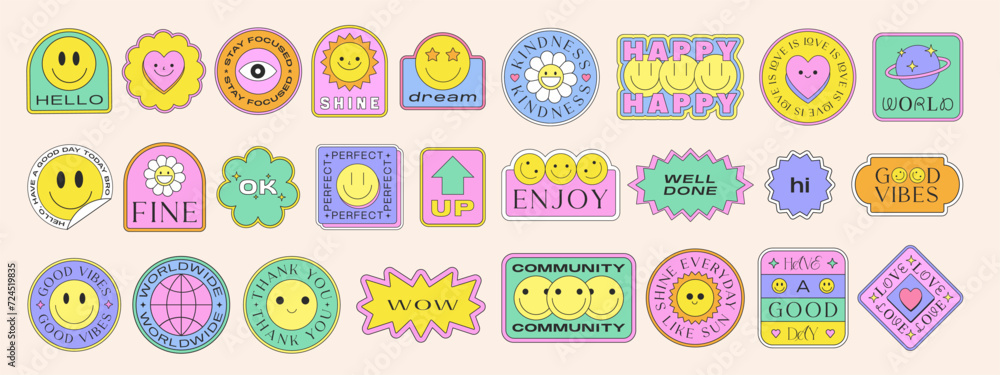 Poster cool y2k stickers pack vector design. pop art graphic elements. smile retro vaporwave patches geomet