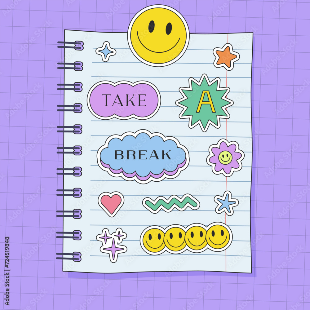 Aufkleber cute y2k notebook paper page template. cool note with pop art stickers. kawai patches illustration. 