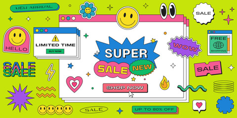 Super Sale Cool Vaporwave Computer Interface Banner. Y2k Stickers Collage Illustration. Special Offer Pop Art Backdrop.