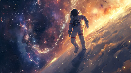 Fototapeta na wymiar An astronaut explores space in zero gravity in a spacesuit