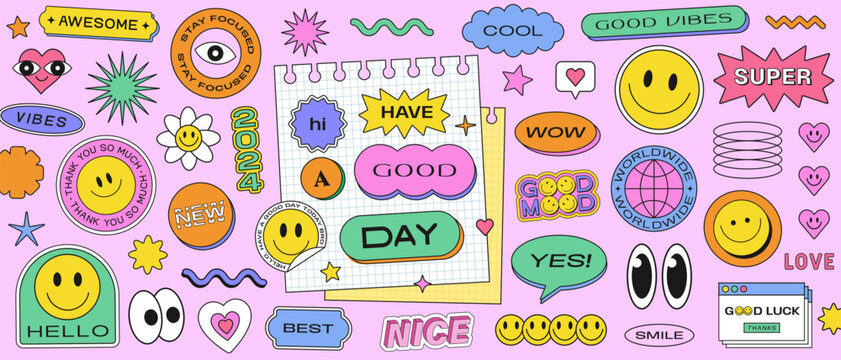 Cool Y2k Sticker Collage Background Vector Design. Trendy Pop Art Patches. Vaporwave Illustration.