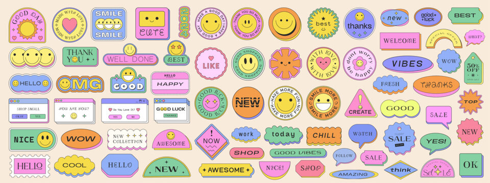 Cool Y2k Stickers Pack Vector Design. Pop Art Graphic Elements. Smile Retro Vaporwave Patches Geometric Design.