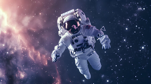 An astronaut explores space in a white spacesuit and flies in zero gravity