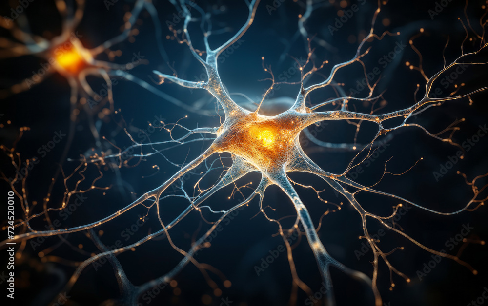 Poster digital illustration of a neuron cell with detailed dendrites and axon on a dark background, represe