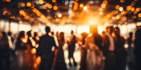 Blurred figures of people dancing in a hall with glowing bokeh lights, capturing the warm, festive atmosphere of a joyous celebration or elegant event