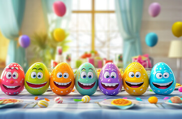 Funny colorful Easter eggs with a smile on their face , on a background of spring flowers