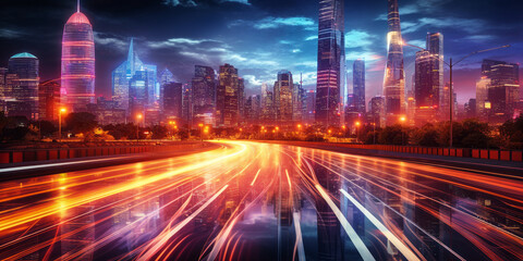 Obraz premium Futuristic urban nightscape with vibrant light trails from traffic in a modern city with skyscrapers and a dynamic sky