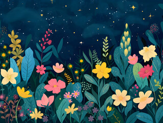 Naklejka premium Enchanted Midnight Garden - Magical Starry Night Sky with Lush Floral Landscape Illustration, Fantasy Botanical Backdrop Concept