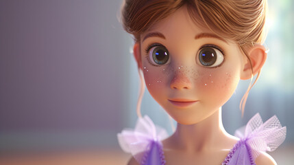 A charming cartoon girl with a joyful smile, wearing ballet slippers and adorned in a delightful soft lilac tutu. This captivating 3D headshot illustration captures the grace and elegance of