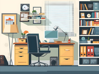 Contemporary Home Office Interior with Modern Furniture and Professional Atmosphere for Productivity - Neutral Color Palette and Warm Wooden Accents Concept