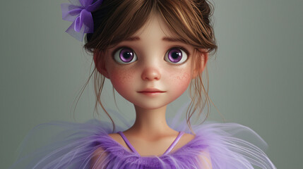 Adorable 3D illustration of a whimsical cartoon girl with rosy cheeks, donning delicate ballet slippers and a graceful lilac tutu. Her enchanting smile radiates the joy of dance. A captivati