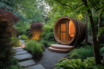 Outdoor home sauna surrounded by a lush garden