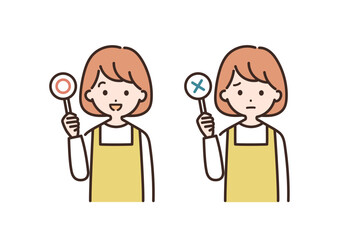 マルとバツのふだを持つエプロン姿の女性のイラスト＿上半身