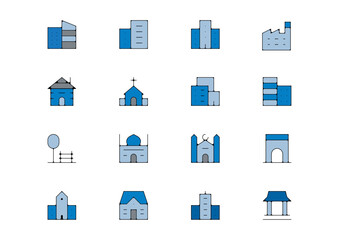Planche icone batiment edifice ville maison immeuble bleu