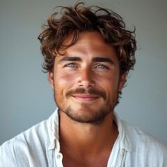 Fototapeta premium Close Portrait Young Cheerful Man On White Background, Illustrations Images