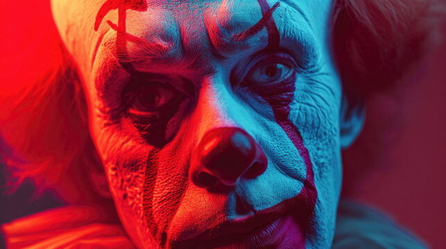 scary clown, in the shadows, looking eerily at the camera from behind an abstract wall