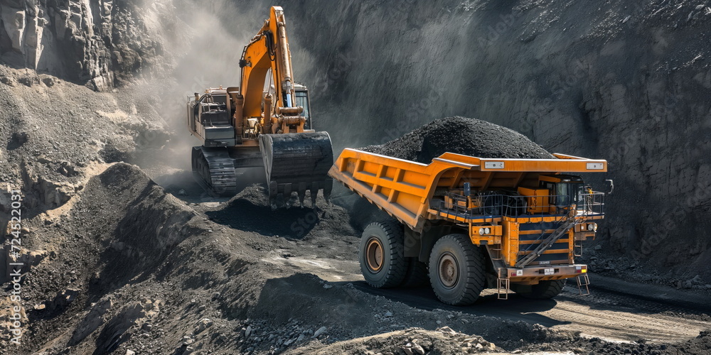 Wall mural Huge excavator loads coal into the back of a heavy mining dump truck, open pit coal mining - Wall murals