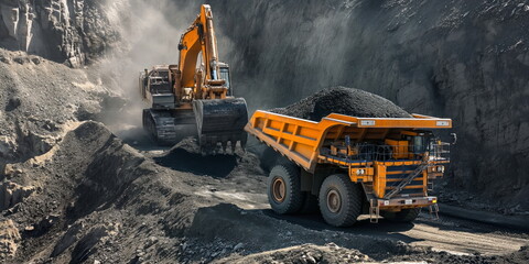 Huge excavator loads coal into the back of a heavy mining dump truck, open pit coal mining