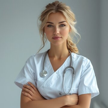 Close Young Stylish Nurse White Medical On White Background, Illustrations Images
