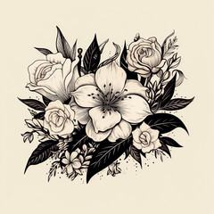 Hand drawn bunch with rose flowers and small gypsophila isolated on white background. Pencil drawing monochrome elegant floral composition in vintage style, t-shirt, tattoo design.