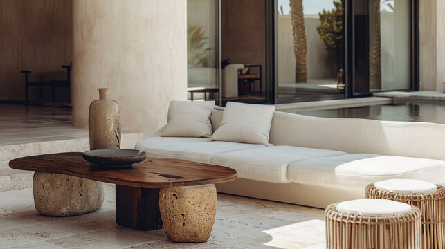 Summer terrace with stylish trendy outdoor furniture at a luxurious travel destination