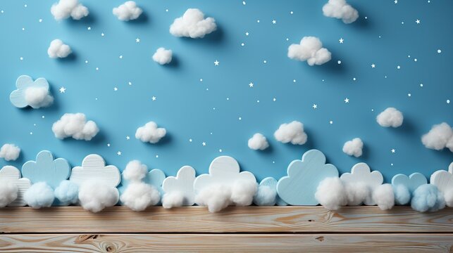 Fototapeta Cute children or baby background. White baby clouds on isolated blue background with wooden board.