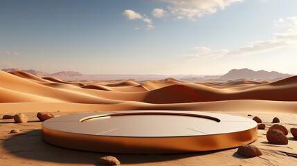Platform for product with desert behind. Minimalistic platform for product photos. Cosmetic showcase
