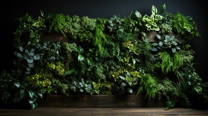 Wall covered with green plants and wooden floor. Indoor eco garden. Indoor ecosystem.