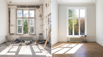 Renovated rooms with spacious windows and heating systems, both before and after the restoration process. Examination of the differences between an old apartment and a newly renovated residence.	