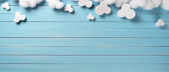 Light blue baby background design. White clouds on isolated light blue wooden background.