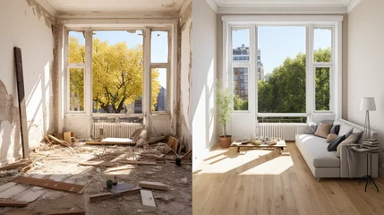 Afwasbaar Fotobehang Oude deur Renovated rooms with spacious windows and heating systems, both before and after the restoration process. Examination of the differences between an old apartment and a newly renovated residence. 