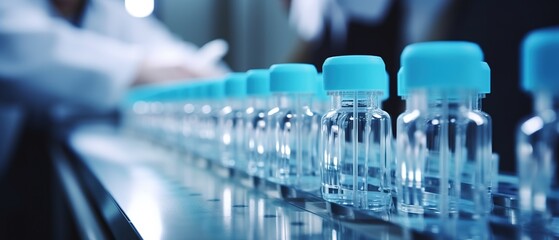 Pharmaceutical glass ampoules production line. Scientist inspects medicine bottles.