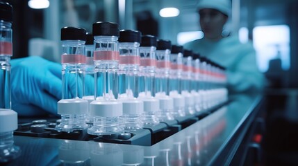 Pharmaceutical factory with conveyor of glass bottles and ampoules. Closeup image of glass ampules.