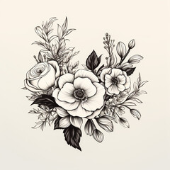 Hand drawn bunch with rose flowers and small gypsophila isolated on white background. Pencil drawing monochrome elegant floral composition in vintage style, t-shirt, tattoo design.