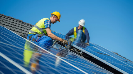 Professional Workers Installing Solar Panels on a Sunny Day - obrazy, fototapety, plakaty