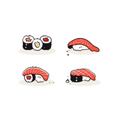 Simple graphic logo of color rolls and sushi on white background.
