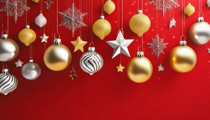 the wallpaper of the christmas festival in winter season consists of gold red and silver christmas ball and star ornament hung on red background generative ai