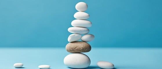 White sea pebble stone stack on light blue background. White rocks stacked in a tower. Stacked rocks