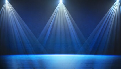 blue spotlights shine on stage floor in dark room idea for background backdrop mock up 