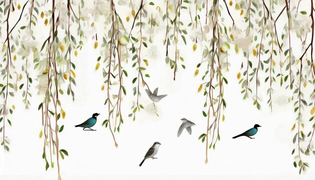Fototapeta willow branches hanging from above with birds on a white background wallpaper murals and wall paintings for interior printing