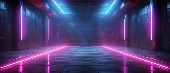 Empty garage with neon lights. empty interior with concrete walls and neon lights. Abstract garage. - obrazy, fototapety, plakaty
