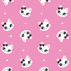 Pattern of cute cat. Pink, black, white cutie cat portrait in pastel colors. Sticker, wall art, background, kids room decoration. Cat cute face, portrait, kitten, pretty animal, little pussycat, pet.