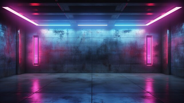 Empty garage with concrete wall and floor and neon lights. Abstract room for car presentation.