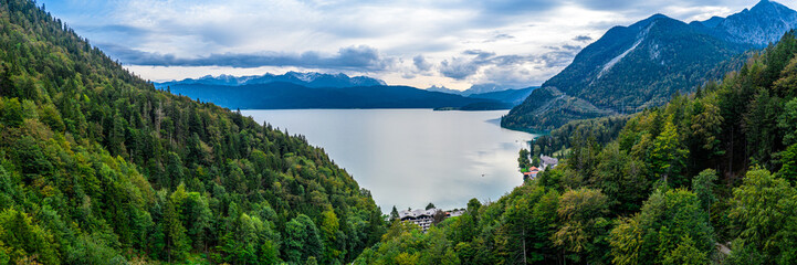 Walchensee Lake Bavaria Alps. Aerial Panorama