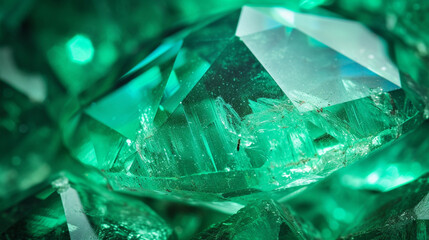 A mesmerizing close-up of a sparkling emerald, showcasing its rich green hues and intricate facets
