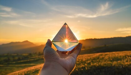 hand holding crystal pyramid during sunset - obrazy, fototapety, plakaty