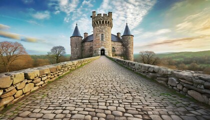 an old stone castle at the end of a coblestone road - obrazy, fototapety, plakaty